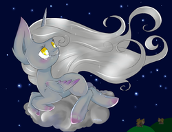 Size: 1300x1000 | Tagged: safe, artist:anikawolf, oc, oc only, alicorn, cloud pony, pony, alicorn oc, cloud, crying, female, flying, folded wings, looking away, looking up, mare, night, on a cloud, solo, teary eyes, windswept mane, wings