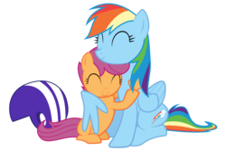 Size: 7495x5000 | Tagged: safe, artist:rubez2525, rainbow dash, scootaloo, pegasus, pony, g4, sleepless in ponyville, ^^, absurd resolution, blank flank, duo, duo female, eyes closed, female, filly, foal, folded wings, helmet, hug, mare, scootalove, simple background, sitting, transparent background, vector, winghug, wings