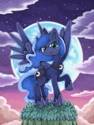 Size: 675x900 | Tagged: safe, artist:moriguru, princess luna, alicorn, pony, g4, blue moon, blushing, cloud, female, full moon, looking at you, mare, moon, open mouth, pixiv, solo, spread wings, starry night, wings