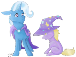 Size: 900x677 | Tagged: safe, artist:lilac-amethyst, dinky hooves, trixie, equestriabound, g4, cape, clothes, hat, trixie's cape, trixie's hat