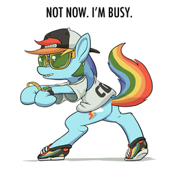 Size: 1600x1600 | Tagged: safe, artist:docwario, rainbow dash, earth pony, pony, g4, bipedal, clothes, female, fetish, hat, lip bite, mare, race swap, shoes, sneakers, sneakers fetish, solo, sunglasses, text, watch, wingless