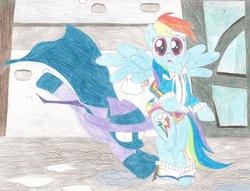 Size: 1023x781 | Tagged: safe, artist:wjmmovieman, mare do well, rainbow dash, pegasus, pony, assisted exposure, clothes, female, frilly underwear, humiliation, panties, pantsing, prank, ribbon, traditional art, underwear, undressing, we don't normally wear clothes