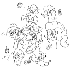 Size: 1509x1414 | Tagged: safe, applejack, pinkie pie, g4, alcohol, drunk, energy drink, red bull, sketch, vodka