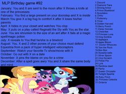 Size: 1140x852 | Tagged: safe, apple bloom, applejack, berry punch, berryshine, bon bon, carrot top, cheerilee, derpy hooves, diamond tiara, dinky hooves, discord, dj pon-3, doctor whooves, fluttershy, golden harvest, king sombra, lyra heartstrings, octavia melody, pinkie pie, prince blueblood, princess celestia, princess luna, queen chrysalis, rainbow dash, rarity, ruby pinch, scootaloo, shining armor, silver spoon, sweetie belle, sweetie drops, time turner, tom, trixie, twilight sparkle, vinyl scratch, g4, birthday game, cutie mark crusaders, exploitable meme, mane six, meme, text