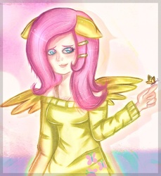 Size: 500x545 | Tagged: safe, artist:noah-nyan, fluttershy, butterfly, human, g4, blushing, clothes, eared humanization, humanized, sweater, sweatershy, winged humanization