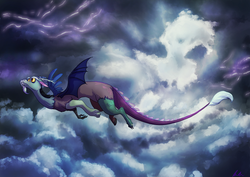 Size: 1489x1053 | Tagged: safe, artist:c-puff, discord, draconequus, g4, cloud, cloudy, cute, discute, flying, lightning, male, solo, storm