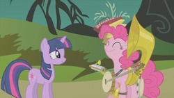 Size: 853x480 | Tagged: safe, screencap, pinkie pie, twilight sparkle, earth pony, pony, unicorn, g4, season 1, swarm of the century, accordion, banjo, eyes closed, harmonica, musical instrument, sousaphone, tambourine, unicorn twilight