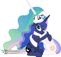 Size: 7720x7150 | Tagged: safe, artist:90sigma, princess celestia, princess luna, alicorn, pony, g4, absurd resolution, duo, duo female, feels, female, floppy ears, hug, mare, missing accessory, royal sisters, siblings, simple background, sisters, transparent background, vector
