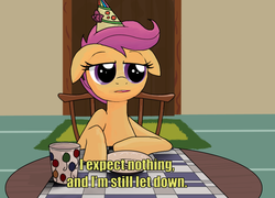 Size: 1025x739 | Tagged: artist needed, safe, scootaloo, g4, balloon, birthday, caption, dead stare, depressed, disappointed, female, hat, i expect nothing and i'm still let down, lonely, malcolm in the middle, nothing, party hat, reaction image, sad, solo
