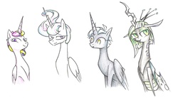 Size: 4305x2382 | Tagged: safe, artist:mine-recurring-dream, princess cadance, princess celestia, princess luna, queen chrysalis, g4, alternate hairstyle, simple background, traditional art