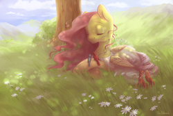 Size: 1800x1200 | Tagged: safe, artist:wolfiedrawie, fluttershy, bird, pegasus, pony, squirrel, g4, animal, clothes, eyes closed, female, flower, folded wings, prone, scenery, see-through, smiling, solo, tree, under the tree, windswept mane