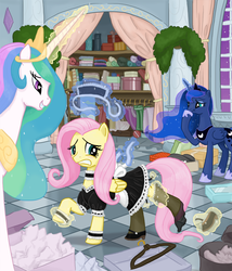 Size: 1000x1170 | Tagged: safe, artist:king-kakapo, fluttershy, princess celestia, princess luna, alicorn, pegasus, pony, g4, blushing, choker, clothes, clothes hanger, costume, dress, dressing, dressup, female, fluttermaid, frown, garter belt, garters, grin, gritted teeth, magic, magic abuse, maid, mare, mary janes, non-consensual dressing, partially undressed, raised hoof, shoes, skirt, smiling, stockings