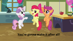 Size: 800x450 | Tagged: safe, apple bloom, scootaloo, sweetie belle, g4, mary tyler moore show