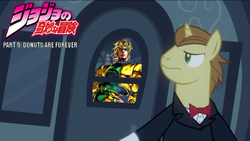 Size: 605x342 | Tagged: safe, edit, edited screencap, screencap, con mane, donut joe, pony, unicorn, g4, mmmystery on the friendship express, dio brando, japanese, jojo's bizarre adventure, male, pun, stallion