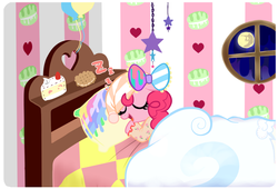 Size: 1059x720 | Tagged: dead source, safe, artist:momo, pinkie pie, earth pony, pony, ask harajukupinkiepie, g4, bed, blanket, bow, clothes, cute, diapinkes, eyes closed, female, hat, mare, moon, nightcap, onomatopoeia, pajamas, sleeping, solo, sound effects, zzz