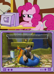 Size: 563x769 | Tagged: safe, pinkie pie, earth pony, pony, g4, banjo, banjo kazooie, banjo kazooie: nuts and bolts, exploitable meme, fat, kazooie, lazy, morbidly obese, musical instrument, obese, they got fat, tv meme