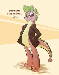 Size: 1009x1278 | Tagged: safe, artist:spotty the cheetah, spike, g4, clothes, glasses, jacket, leather jacket, male, older, solo, sunglasses, teenage spike