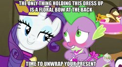 Size: 631x351 | Tagged: safe, edit, edited screencap, screencap, rarity, spike, dragon, pony, unicorn, dragon quest, g4, apron, blushing, caption, clothes, female, hub logo, image macro, male, mare, meme, rarity's bad pickup lines, ship:sparity, shipping, straight