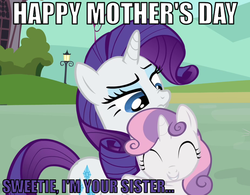 Size: 629x490 | Tagged: safe, rarity, sweetie belle, g4, just for sidekicks, hug, image macro, implications, mother's day, scrunchy face, sweetiedumb