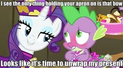 Size: 631x351 | Tagged: safe, edit, edited screencap, screencap, rarity, spike, dragon, pony, unicorn, dragon quest, g4, apron, blushing, caption, clothes, female, hub logo, image macro, male, mare, meme, rarity's bad pickup lines, ship:sparity, shipping, straight