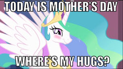 Size: 500x281 | Tagged: safe, princess celestia, g4, blushing, bronybait, cute, cutelestia, female, hug, momlestia, mother's day, solo