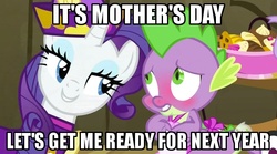Size: 631x351 | Tagged: safe, edit, edited screencap, screencap, rarity, spike, dragon, pony, unicorn, dragon quest, g4, apron, blushing, caption, clothes, female, hub logo, image macro, implied sex, innuendo, male, mare, meme, mother's day, rarity's bad pickup lines, ship:sparity, shipping, straight