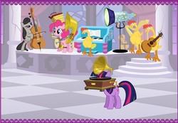 Size: 720x497 | Tagged: safe, octavia melody, pinkie pie, twilight sparkle, chicken, earth pony, pony, unicorn, g4, official, castle creator, cello, female, horn, mare, musical instrument, phonograph, unicorn twilight, wat