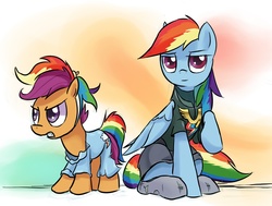 Size: 1471x1112 | Tagged: safe, artist:gsphere, rainbow dash, scootaloo, g4, clothes, costume, torn clothes