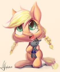 Size: 2244x2681 | Tagged: safe, artist:jggjqm522, applejack, g4, alternate hairstyle, cute, female, filly, jackabetes, pigtails, simple background, sitting, solo, twintails