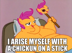 Size: 768x566 | Tagged: safe, scootaloo, g4, aqua teen hunger force, chickun, exploitable meme, fat, i wash myself with a rag on a stick, male, morbidly obese, obese, scootachicken, scootalard, the simpsons