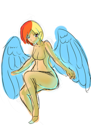 Size: 700x962 | Tagged: safe, artist:penlink, rainbow dash, human, g4, barbie doll anatomy, breasts, featureless breasts, female, humanized, solo, winged humanization