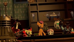 Size: 1366x768 | Tagged: safe, apple bloom, scootaloo, sweetie belle, earth pony, kaiju, pegasus, pony, unicorn, g4, cutie mark crusaders, dalek, doctor who, engineer, engineer (tf2), godzilla, godzilla (series), poker, portal (valve), pyro (tf2), rick the adventure sphere, team fortress 2