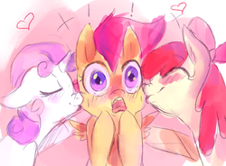 Size: 1094x805 | Tagged: safe, artist:spanish-scoot, apple bloom, scootaloo, sweetie belle, earth pony, pegasus, pony, unicorn, g4, blushing, cheek kiss, cute, cutie mark crusaders, female, kiss sandwich, kissing, lesbian, polyamory, ship:scootabelle, ship:scootabloom, shipping, surprise kiss, trio