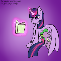 Size: 750x750 | Tagged: safe, artist:lildarkvixen, spike, twilight sparkle, alicorn, pony, g4, book, female, mare, reading, sleeping, snuggling, troll thread, twilight sparkle (alicorn)