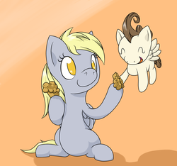 Size: 1217x1140 | Tagged: safe, artist:thepiplup, derpy hooves, pound cake, pegasus, pony, g4, female, flying, mare, muffin, sharing