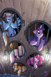 Size: 755x1147 | Tagged: safe, artist:tony fleecs, idw, applejack, fluttershy, pinkie pie, rainbow dash, twilight sparkle, g4, spoiler:comic, cage, comic, cover, no logo, textless, trapped
