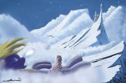 Size: 1683x1103 | Tagged: safe, artist:auroriia, derpy hooves, pegasus, pony, g4, castle, clothes, female, mare, scenery, skirt, sleeping, snot bubble, snow