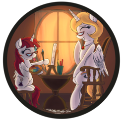 Size: 1419x1393 | Tagged: safe, artist:walliscolours, oc, oc:bonniecorn, oc:fausticorn, alicorn, pony, alicorn oc, bonnie zacherle, canvas, female, filly, glasses, horn, lauren faust, mare, paint, paintbrush, ponified, tongue out, wholesome, wings