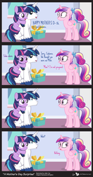 Size: 920x1740 | Tagged: safe, artist:dm29, princess cadance, shining armor, twilight sparkle, alicorn, pony, unicorn, g4, comic, female, filly, implied pregnancy, male, mare, mother's day, present, stallion, suspiciously specific denial, trio, wide eyes, younger