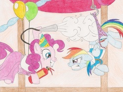 Size: 900x674 | Tagged: source needed, safe, artist:wjmmovieman, pinkie pie, rainbow dash, earth pony, pegasus, pony, g4, abuse, angry, balloon, clothes, dashabuse, dress, female, fire extinguisher, hanging, hanging wedgie, hat, hook, mare, panties, panty pull, party hat, prank, purple underwear, smiling, striped underwear, sweater, traditional art, underwear, wedgie