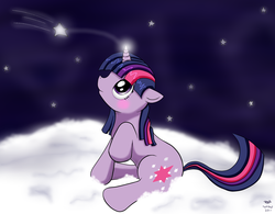 Size: 2215x1728 | Tagged: safe, artist:tattikat, twilight sparkle, g4, blushing, cloud, female, filly, magic, sitting, solo, stars