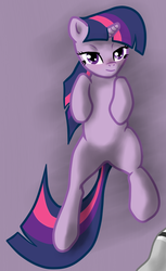 Size: 625x1024 | Tagged: safe, artist:sharpy, twilight sparkle, pony, unicorn, g4, bedroom eyes, female, implied belly rubs, looking at you, mare, on back, smiling, solo