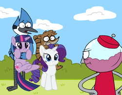 Size: 900x700 | Tagged: safe, artist:thewardenx3, rarity, twilight sparkle, pony, unicorn, g4, :t, benson, crossover, female, frown, glare, holding a pony, male, mare, mordecai, mordecai and rigby, open mouth, reference, regular show, rider, riding, rigby (regular show), underhoof, unicorn twilight, wide eyes