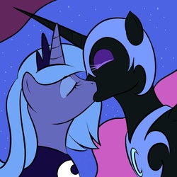 Size: 1000x1000 | Tagged: source needed, safe, artist:kloudmutt, nightmare moon, princess luna, alicorn, pony, g4, artifact, duality, duo, eyes closed, female, kiss on the lips, kissing, lesbian, mare, purple background, s1 luna, self ponidox, selfcest, ship:lunamoon, shipping, simple background, square crossover