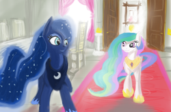 Size: 2900x1900 | Tagged: safe, artist:hierozaki, princess celestia, princess luna, g4, duo, front view, full body, looking at each other, looking at someone, royal sisters, siblings, sisters, smiling, smiling at each other