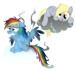 Size: 2800x2600 | Tagged: safe, artist:equestria-prevails, derpy hooves, rainbow dash, pegasus, pony, g4, cloud, duo, electrocution, female, implied apology, lightning, mare, simple background, smoke, transparent background