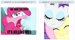 Size: 529x281 | Tagged: safe, fluttershy, pinkie pie, rarity, g4, caption, cute, exploitable meme, juxtaposition, juxtaposition win, meta