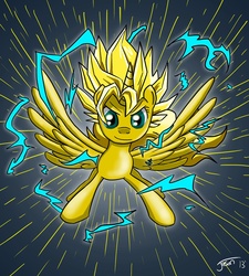 Size: 1280x1422 | Tagged: safe, artist:rofljay, oc, oc only, oc:ticket, alicorn, pony, alicorn oc, dragon ball, solo, super saiyan, vegetto, vegito