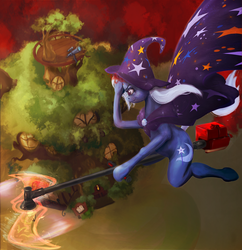 Size: 1937x1999 | Tagged: safe, artist:miradge, trixie, anthro, g4, cloak, clothes, flying, golden oaks library, hat, library, magic, telescope, wat, weed whacker, witch