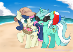 Size: 2100x1500 | Tagged: safe, artist:lustrous-dreams, bon bon, lyra heartstrings, sweetie drops, earth pony, pony, unicorn, g4, ball, basket, beach, beach ball, colored pupils, duo, hat, mouth hold, ocean, picnic basket, raised hoof, smiling, sun hat, sunglasses, walking